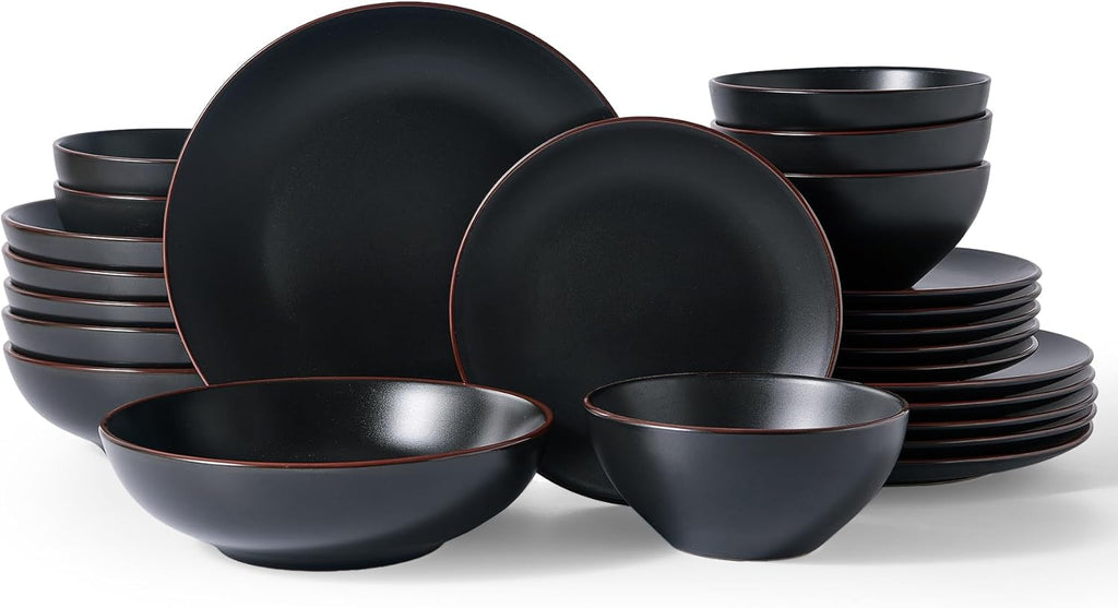 Famiware Venus Stoneware Dinnerware Sets with Pasta Bowls for 6, 24-Piece Plates and Bowls with Trim, Matte Black - Modern Chip-Resistant Dish Set for Everyday & Formal Use, Microwave/Dishwasher Safe