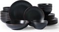 Famiware Venus Stoneware Dinnerware Sets with Pasta Bowls for 6, 24-Piece Plates and Bowls with Trim, Matte Black - Modern Chip-Resistant Dish Set for Everyday & Formal Use, Microwave/Dishwasher Safe