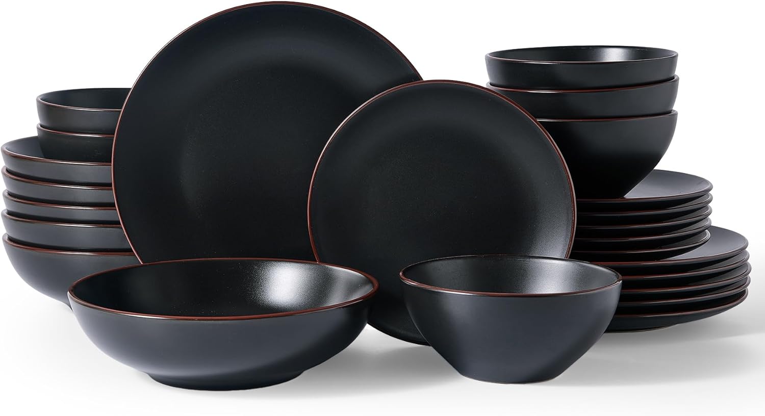 Famiware Venus Stoneware Dinnerware Sets with Pasta Bowls for 6, 24-Piece Plates and Bowls with Trim, Matte Black - Modern Chip-Resistant Dish Set for Everyday & Formal Use, Microwave/Dishwasher Safe