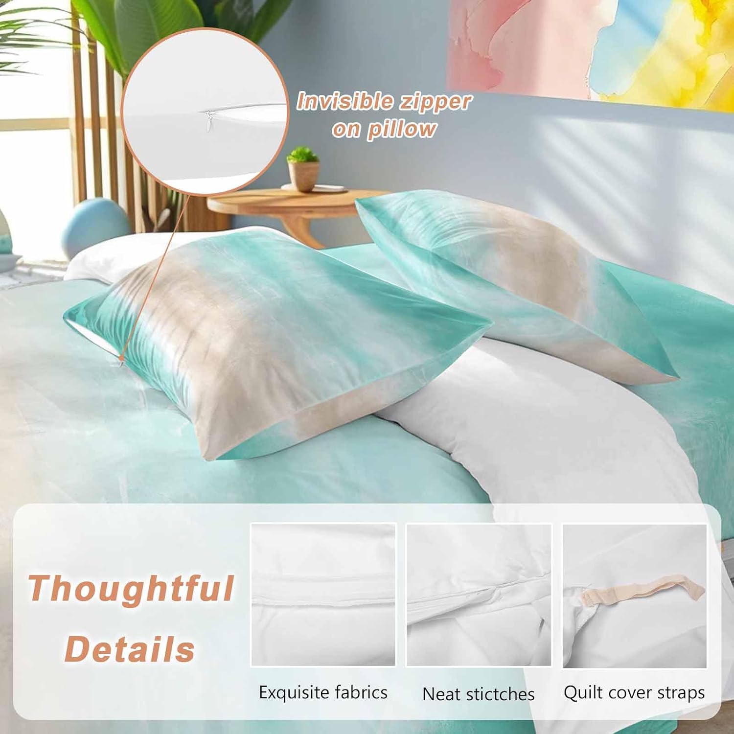 Summer Beach Duvet Cover Set Queen Size 4 Pieces Teal Green Gradient Ocean Wave Beige Sand Abstract Bedding Set with Zipper Closure, 1 Comforter Cover 86x86 Inches 1 Flat Sheet & 2 Pillow Cases