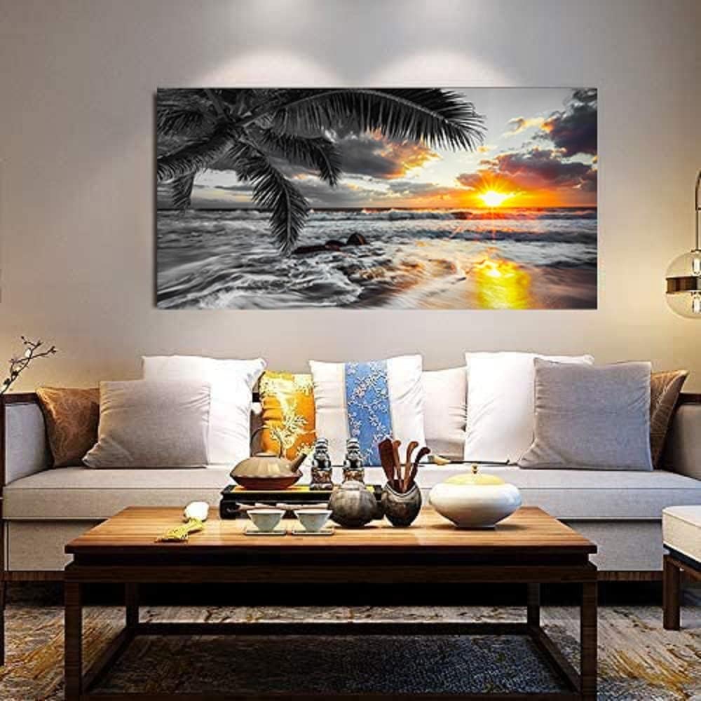 Yxbhhym-Large Canvas Black White Gold Ocean Wall Art Sunset Beach Pictures Coastal Painting Sunrise Seascape Scenery Print Palm Poster Sea Artwork for Bedroom Wall Art Living Room Office Décor