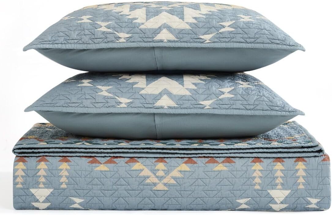 Pendleton King Quilt Set – 100% Cotton 3 Piece Quilt Set with Shams, Soft Lightweight Bedding for King Size Bed, Light Blue Patterned Comforter Alternative, King Bedding Set (Bridge Creek)