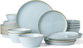 Famiware Saturn Stoneware Dinnerware Sets for 8 (24 Pieces), Ceramic Plates and Bowls Dish Sets with Hand-Painted Trim - Chip & Scratch Resistant, Microwave & Dishwasher Safe Tableware, Light Blue