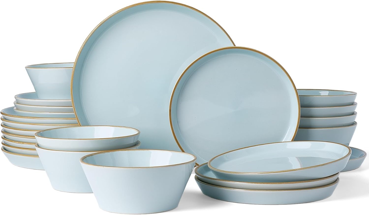 Famiware Saturn Stoneware Dinnerware Sets for 8 (24 Pieces), Ceramic Plates and Bowls Dish Sets with Hand-Painted Trim - Chip & Scratch Resistant, Microwave & Dishwasher Safe Tableware, Light Blue