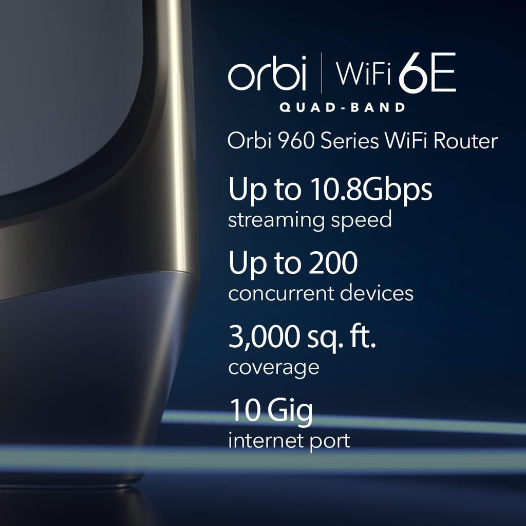 NETGEAR Orbi Quad-Band WiFi 6E Router (RBRE960), 10Gbps Speed, Coverage up to 3,000 sq. ft, 200 Devices, 10 Gig Internet Port, Expandable to Create A Mesh System, AXE11000 802.11ax (Renewed)