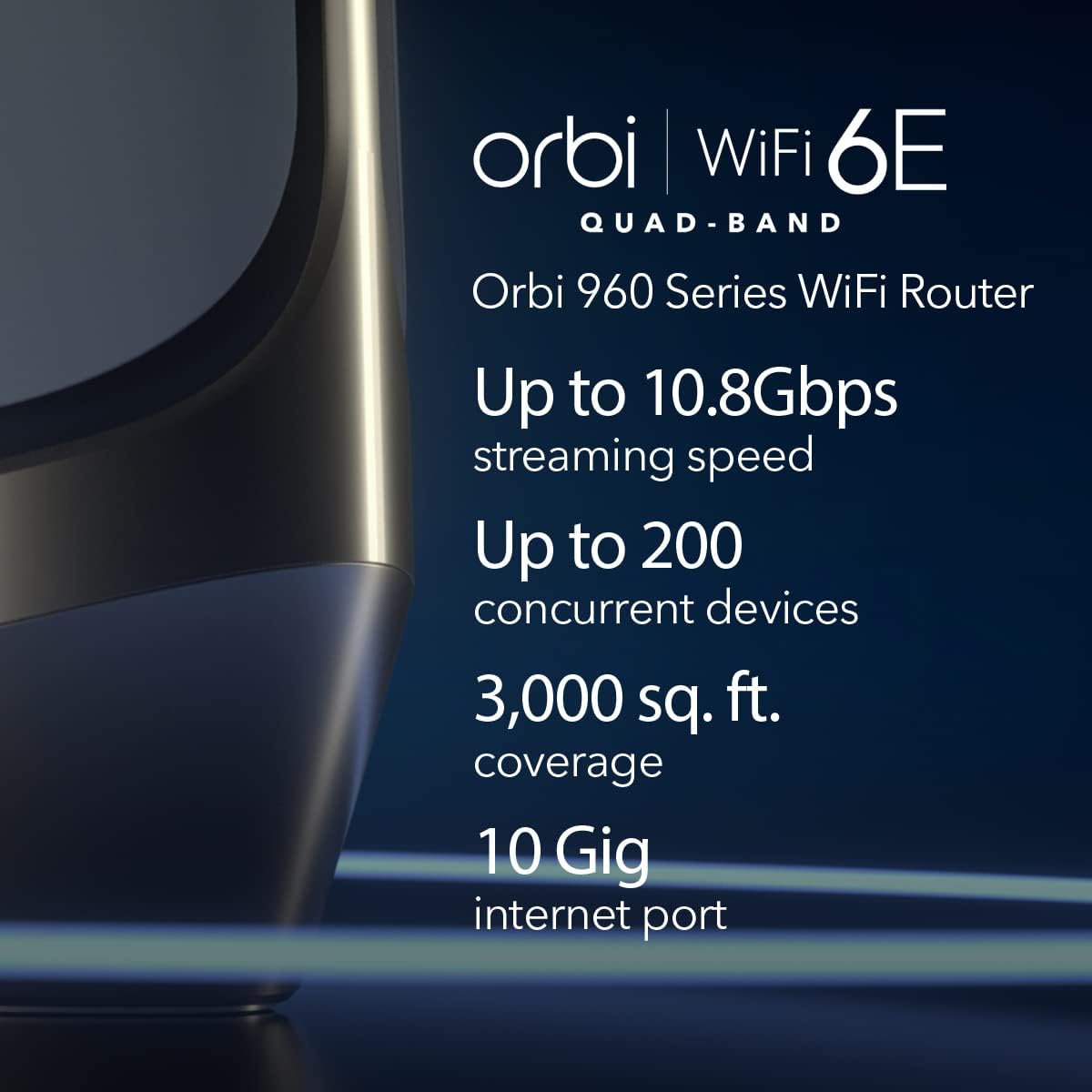 NETGEAR Orbi Quad-Band WiFi 6E Router (RBRE960), 10Gbps Speed, Coverage up to 3,000 sq. ft, 200 Devices, 10 Gig Internet Port, Expandable to Create A Mesh System, AXE11000 802.11ax (Renewed)