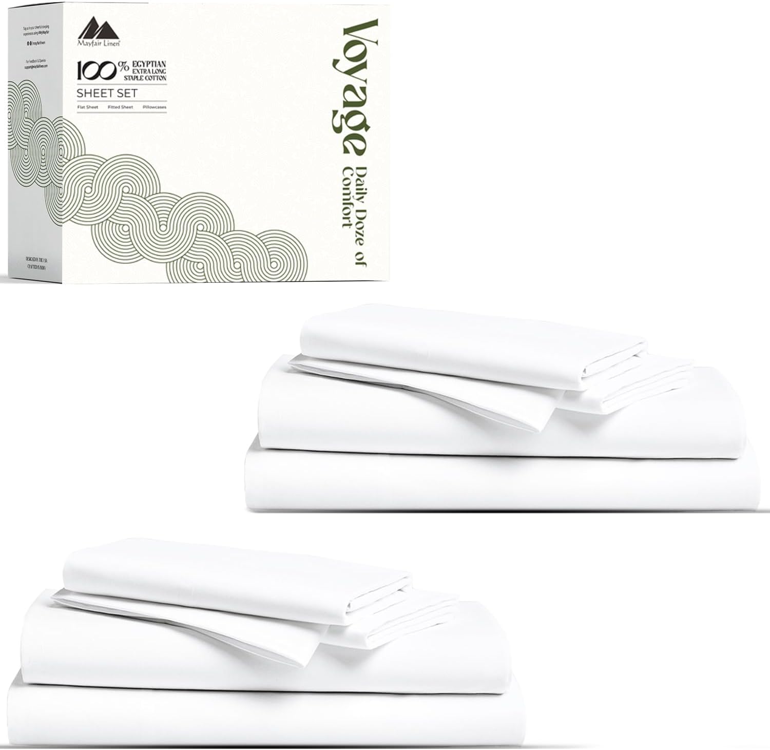 Mayfair Linen 100% Egyptian Cotton Queen Sheet Set Pack of 2 - Luxury 600 Series Voyage Collection Egyptian Cotton Sheets Queen Size (8 PC, White), Soft, Cooling, 16' Deep Pocket Hotel Bed Sheet Set