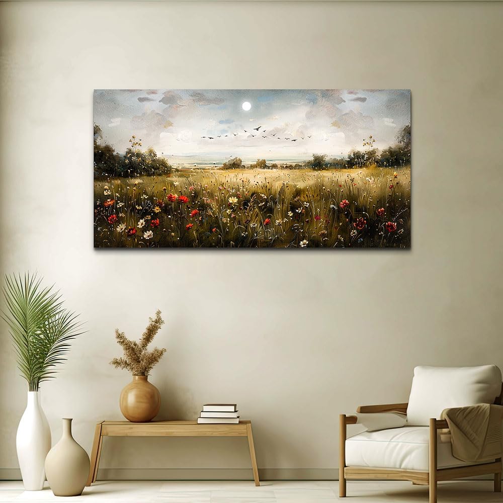 Wapluam Large Canvas Wall Art Living Room Wall Decor for Bedroom Wildflower Field Vintage Wall Art Canvas Prints Paintings Farmhouse Artworks Pictures Modern Aesthetic Home Decoration Ready To Hang