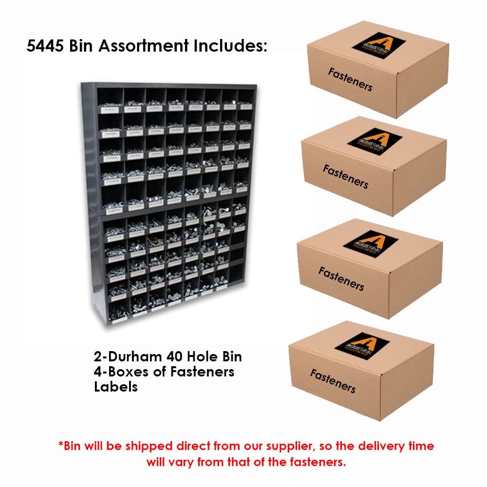 Titan Industrial Supply- 5,445 pcs Grade 5 Coarse Hardware Assortment Kit with Hex Cap Screws, Hex Nuts, Nylon Locknuts, Washers, & Two Durham 40 Hole Metal Bin