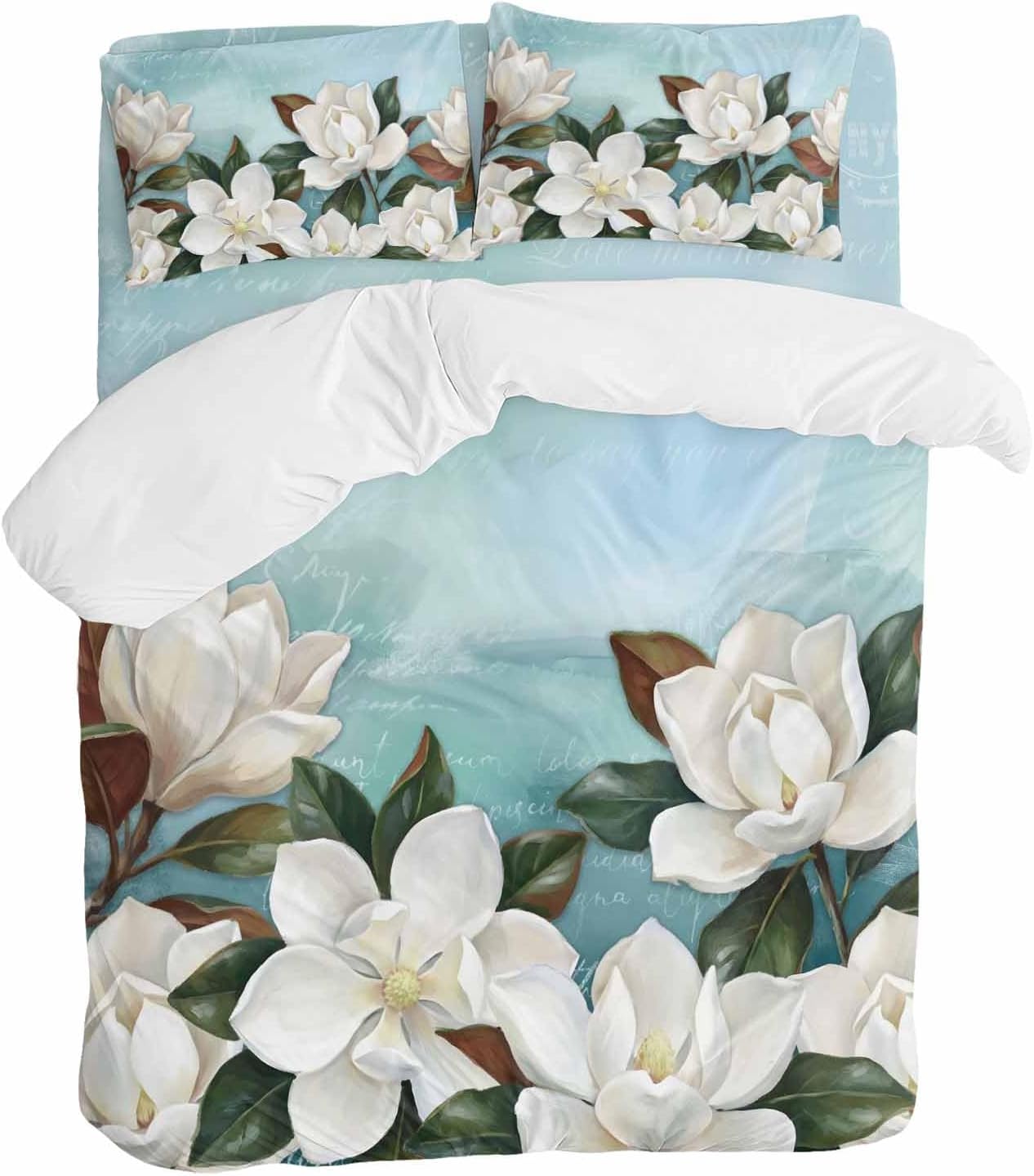 White Floral Duvet Cover Set Queen Size 4 Pieces Spring White Magnolia Vintage Plants Farmhouse Farm Blue Bedding Set with Zipper Closure, 1 Comforter Cover 86x86 Inches 1 Flat Sheet & 2 Pillow Cases