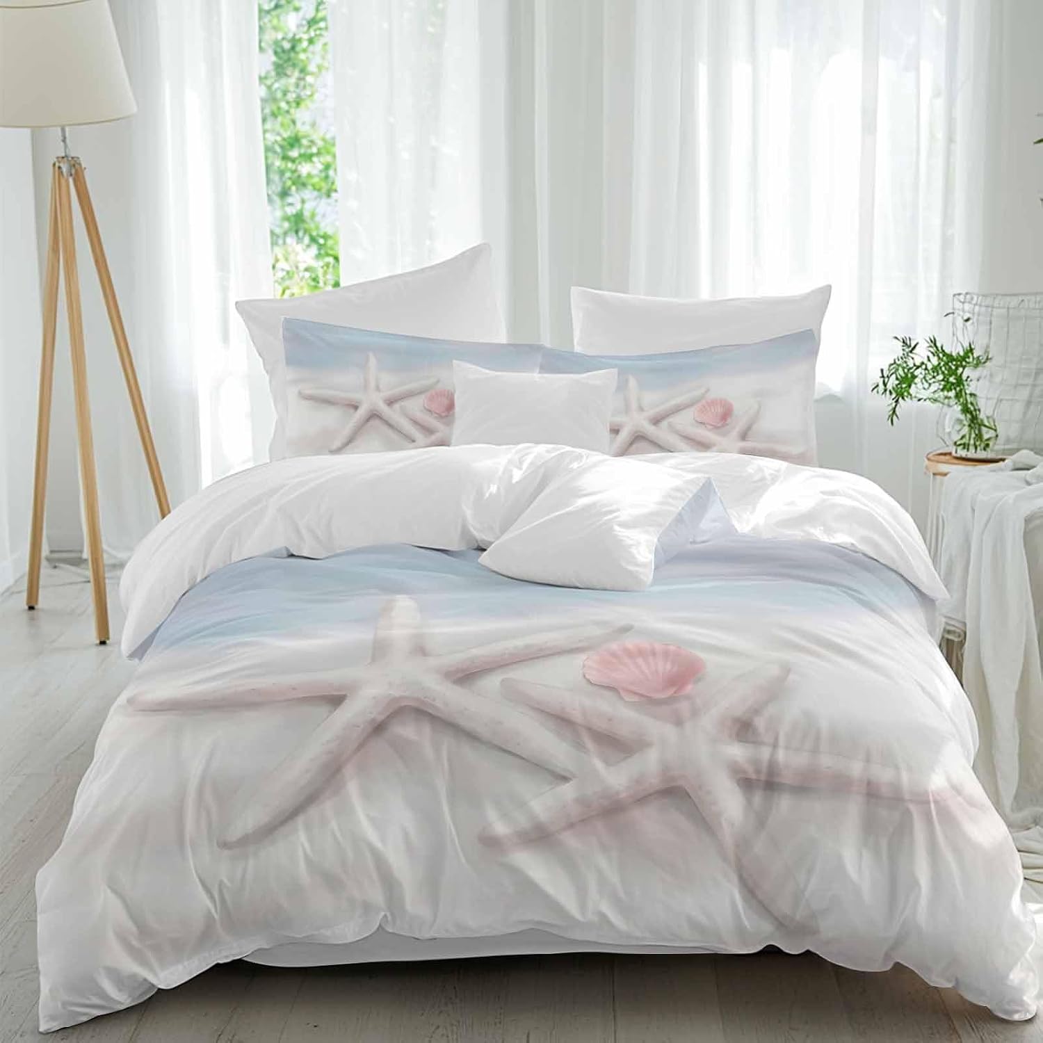 Prime Leader Starfish Shell Duvet Cover Set Queen Size 4 Pieces Summer Ocean Beach Coastal Bedding Set with Zipper Closure, 1 Comforter Cover 92x106 Inches 1 Flat Sheet & 2 Pillow Cases
