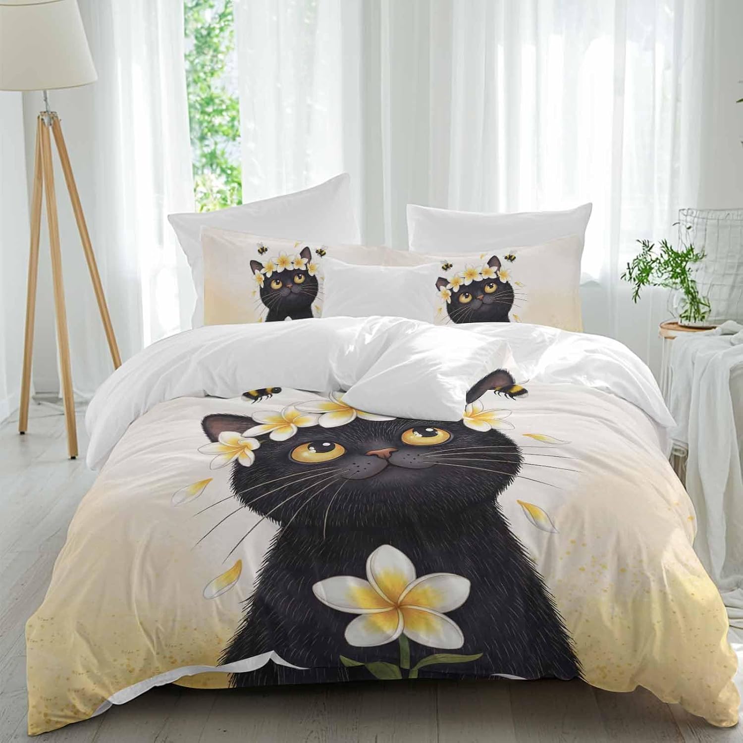 Prime Leader Cute Black Cat Duvet Cover Set Queen Size 4 Pieces Yellow Flower Bee Country Style Fields Bedding Set with Zipper Closure, 1 Comforter Cover 92x106 Inches 1 Flat Sheet & 2 Pillow Cases