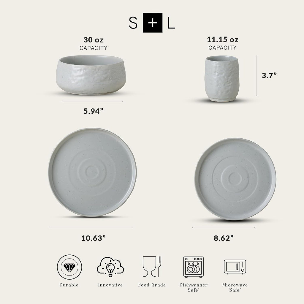Stone by Mercer Project SHOSAI 32-Piece Stoneware Dinnerware Set, Plates and Bowls Set, Modern Dishware set fo 8, Grey Speckled