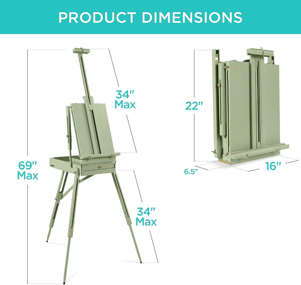 Best Choice Products Art Easel for Painting, Portable Wooden Adjustable Artist Tripod with Sketch Box, 32-Piece Art Set with Acrylic Paints, Brushes, Canvases & Palette - Sage Green