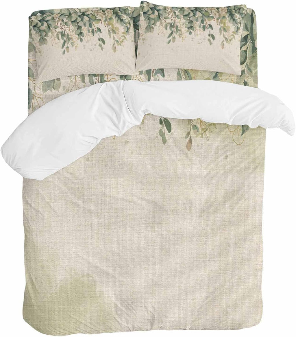 Prime Leader Green Eucalyptus Leaves Duvet Cover Set Queen Size 4 Pieces Flower Vintage Linen Texture Bedding Set with Zipper Closure, 1 Comforter Cover 92x106 Inches 1 Flat Sheet & 2 Pillow Cases