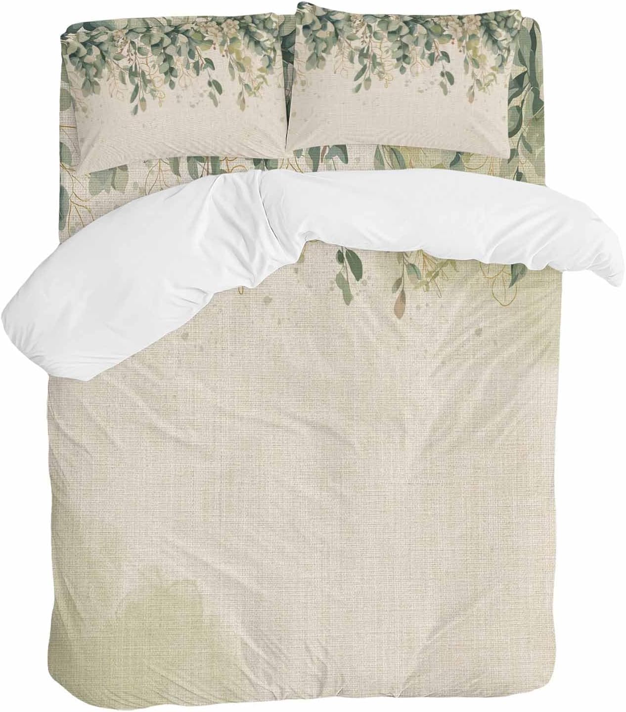 Prime Leader Green Eucalyptus Leaves Duvet Cover Set Queen Size 4 Pieces Flower Vintage Linen Texture Bedding Set with Zipper Closure, 1 Comforter Cover 92x106 Inches 1 Flat Sheet & 2 Pillow Cases