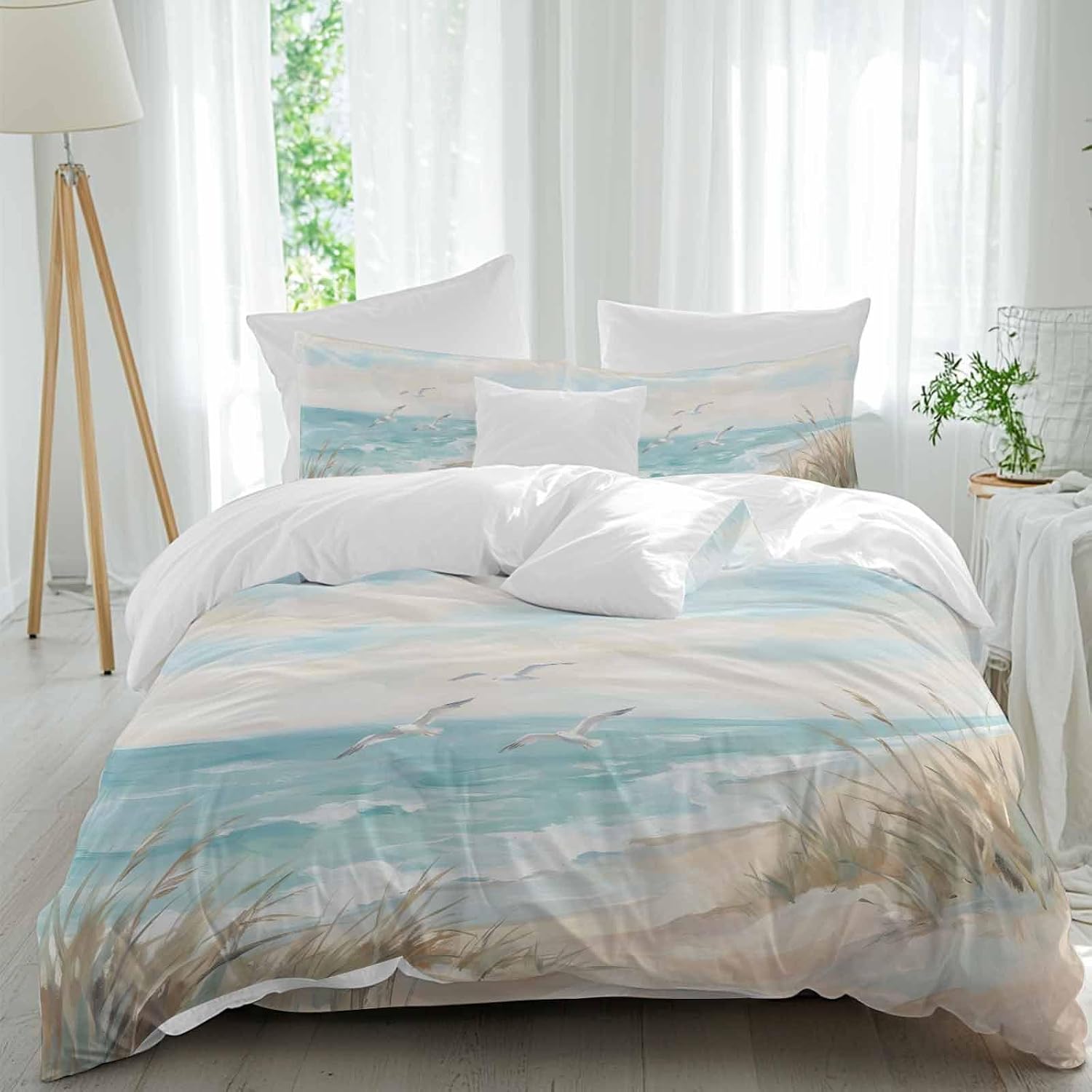 Coastal Seagulls Duvet Cover Set Queen Size 4 Pieces Beach Ocean Sky Oil Paintings Style Summer Bedding Set with Zipper Closure, 1 Comforter Cover 92x106 Inches 1 Flat Sheet & 2 Pillow Cases