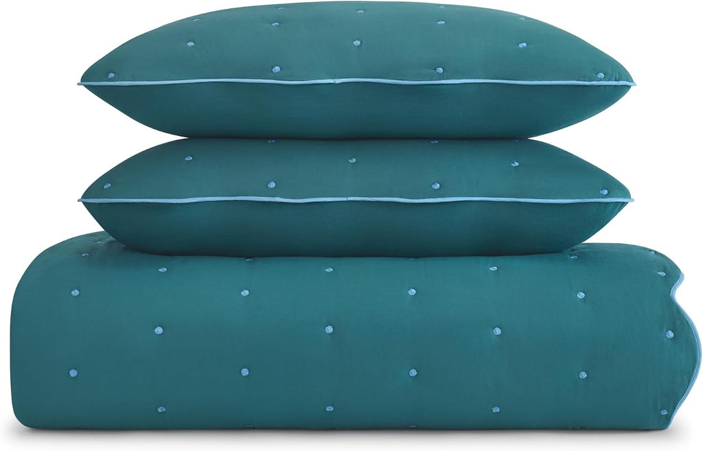 kate spade new york Scalloped Edge 2-Piece Twin Quilt Bedding Set, 100% Cotton Voile Reversible Cover, All Season Bedding, Machine Washable, Blue Spruce