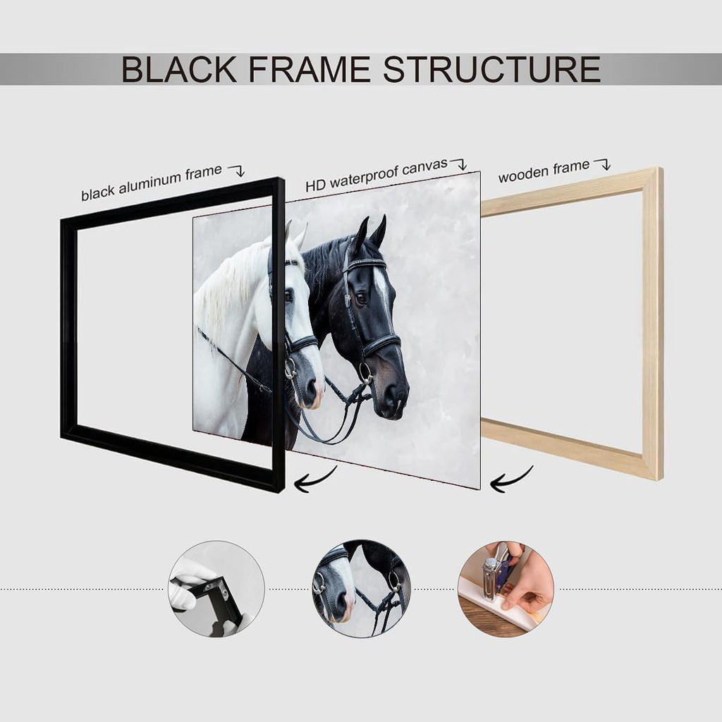 Elegant Horse Pair Canvas Wall Art Black and White Equestrian Portrait Oil Painting for Country Bedroom Living Room Office or Farmhouse Decor 24x36in Large Black aluminum frame