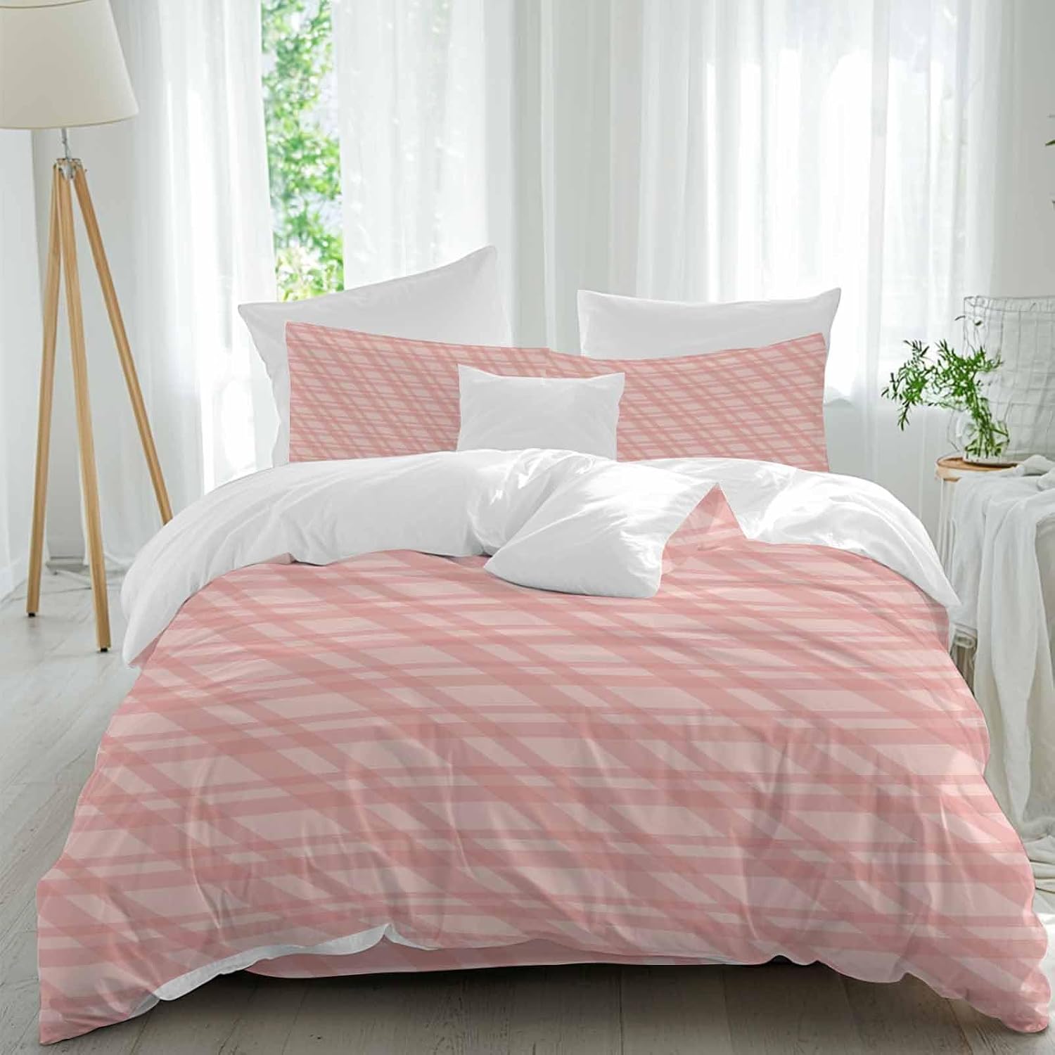 Prime Leader Pink Stripes Duvet Cover Set Queen Size 4 Pieces Modern Simple Light Pink Stripes Bedding Set with Zipper Closure, 1 Comforter Cover 92x106 Inches 1 Flat Sheet & 2 Pillow Cases