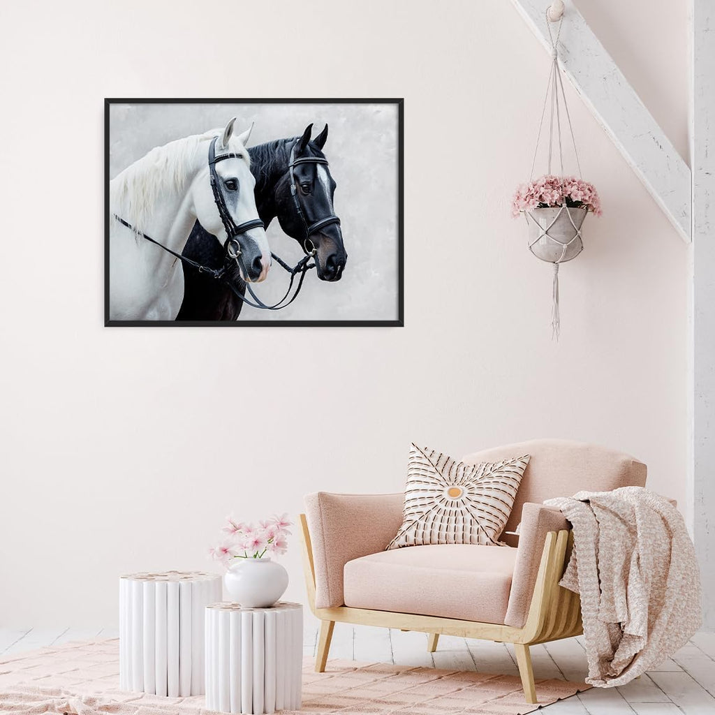 Elegant Horse Pair Canvas Wall Art Black and White Equestrian Portrait Oil Painting for Country Bedroom Living Room Office or Farmhouse Decor 24x36in Large Black aluminum frame