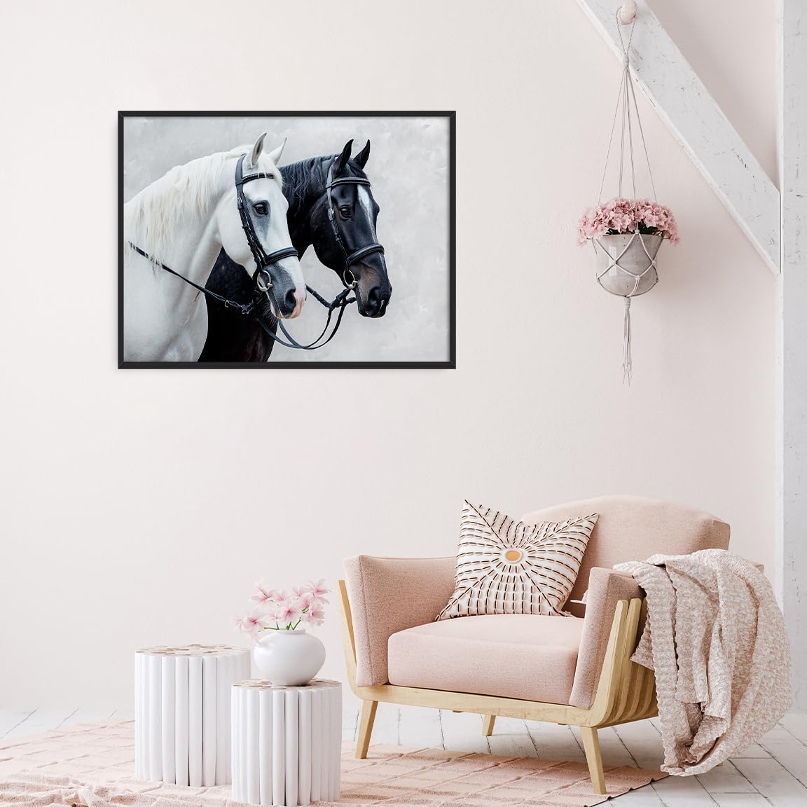 Elegant Horse Pair Canvas Wall Art Black and White Equestrian Portrait Oil Painting for Country Bedroom Living Room Office or Farmhouse Decor 24x36in Large Black aluminum frame