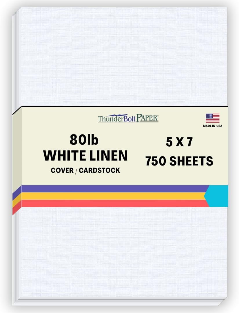 750 Bright White Linen 80# Cover Paper Sheets - 5' X 7' (5X7 Inches) Photo|Card|Frame Size - 80 lb/pound Card Weight - Fine Linen Textured Finish - Quality Cardstock