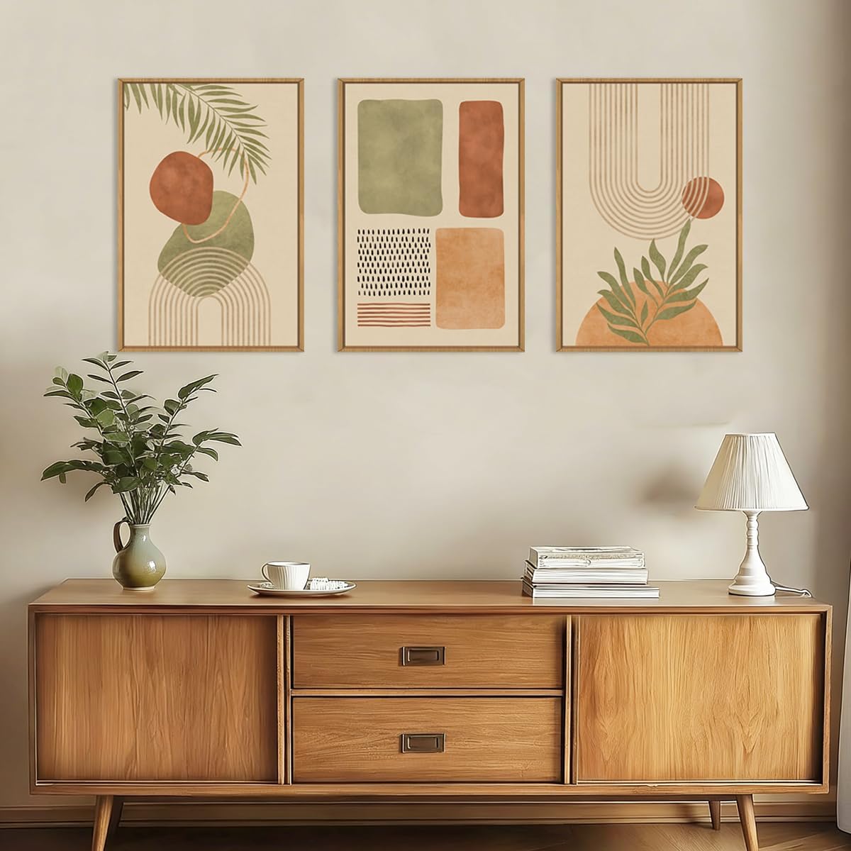 Large Boho Sage Green Framed Canvas Wall Art,Abstract Geometric Beige Wall Decor,Mid Century Modern Art Prints,Neutral Botanical Leaf Artwork for Living Room,Bedroom,Office -24'x36'x3