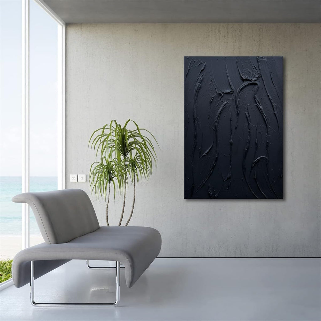 zoinart Hand Painted Large Thick Texture Black Minimalist Oil Paintings Contemporary Art Oil on Canvas Vertical Wall Art Home Office Corridor Wall Art