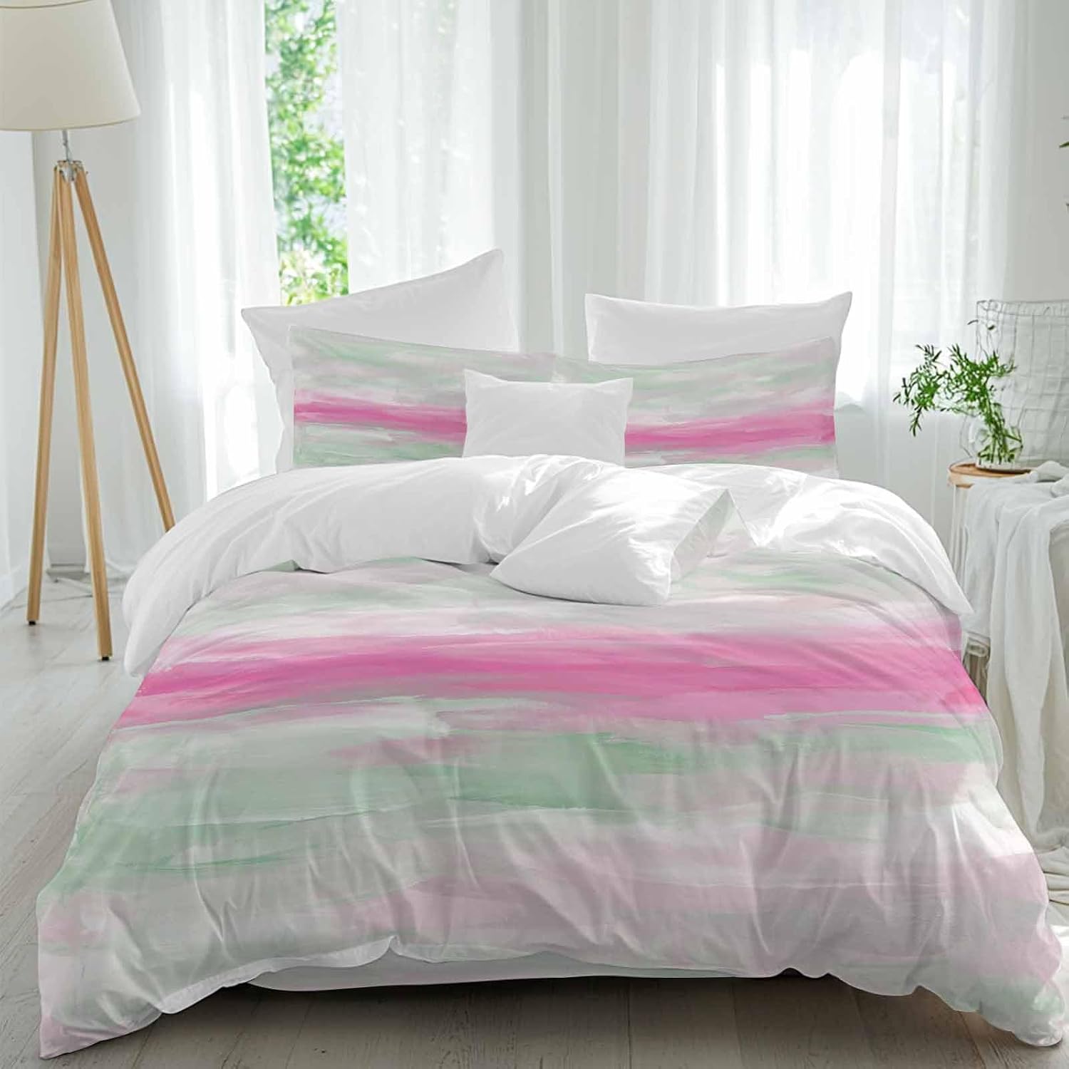 Abstract Sunset Duvet Cover Set Queen Size 4 Pieces Pink Green White Gradient Modern Oil Painting Bedding Set with Zipper Closure, 1 Comforter Cover 90x92 Inches 1 Flat Sheet & 2 Pillow Cases