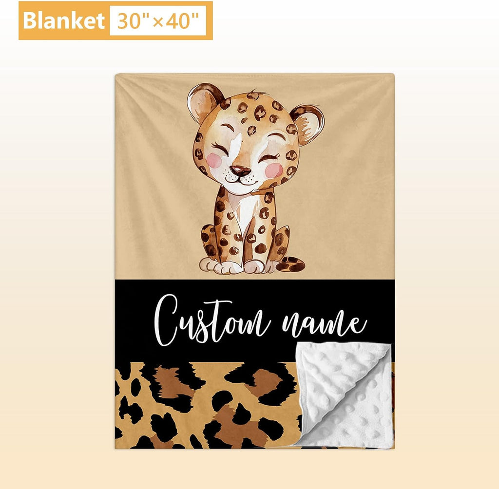 Terwex Personalized Toddler Bedding Set, 5 Pcs Custom Name Crib Bedding Set for Boys Girls, Brown Leopard Flannel Baby Bedding Set, Double Layer Baby Crib Set, Customized Gifts for Newborns Infants