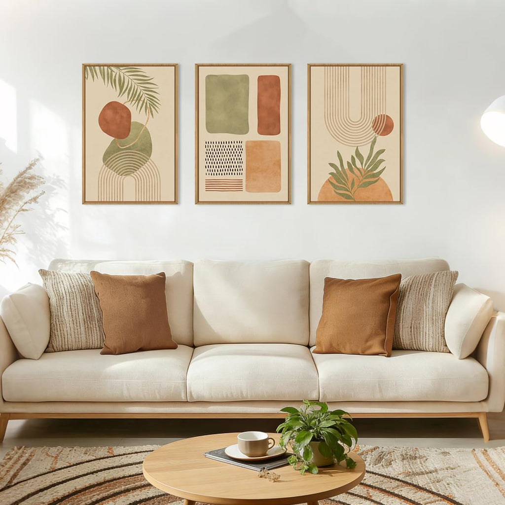 Large Boho Sage Green Framed Canvas Wall Art,Abstract Geometric Beige Wall Decor,Mid Century Modern Art Prints,Neutral Botanical Leaf Artwork for Living Room,Bedroom,Office -24'x36'x3