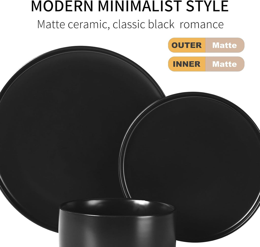 GZG Classic Series - Plates and Bowls Set for 6, 18 Piece Stoneware Dinnerware Sets, Microwave and Dishwasher Safe Lead-Free Handcrafted Ceramic Dishes Set - Matte Black