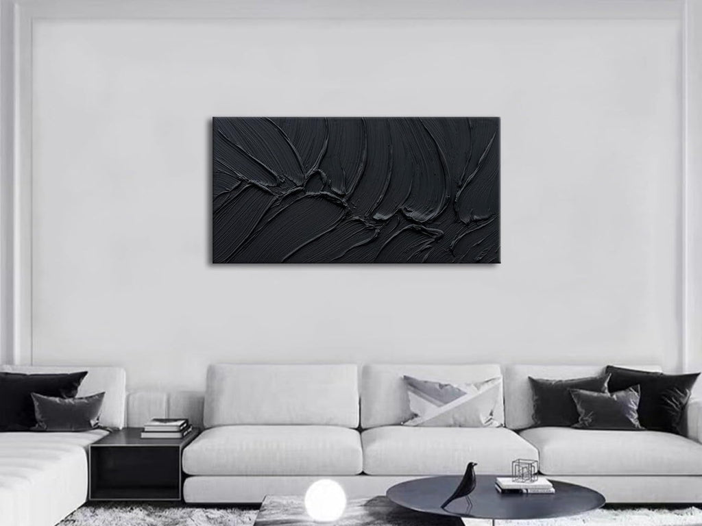 zoinart Hand Painted Thick Texture Black Minimalist Oil Painting Modern Contemporary Art 24x48 Inches Oil on Canvas Abstract Black Textured Wall Art Home Decoration