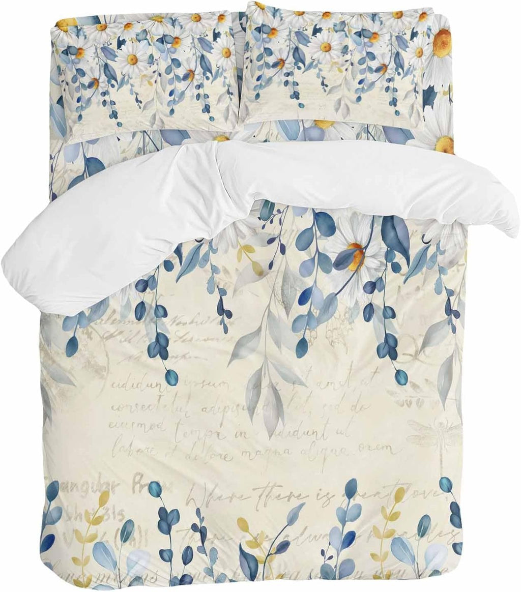Spring Eucalyptus Leaves Duvet Cover Set Queen Size 4 Pieces Country Vintage Blue Leaf White Daisy Bedding Set with Zipper Closure, 1 Comforter Cover 90x92 Inches 1 Flat Sheet & 2 Pillow Cases