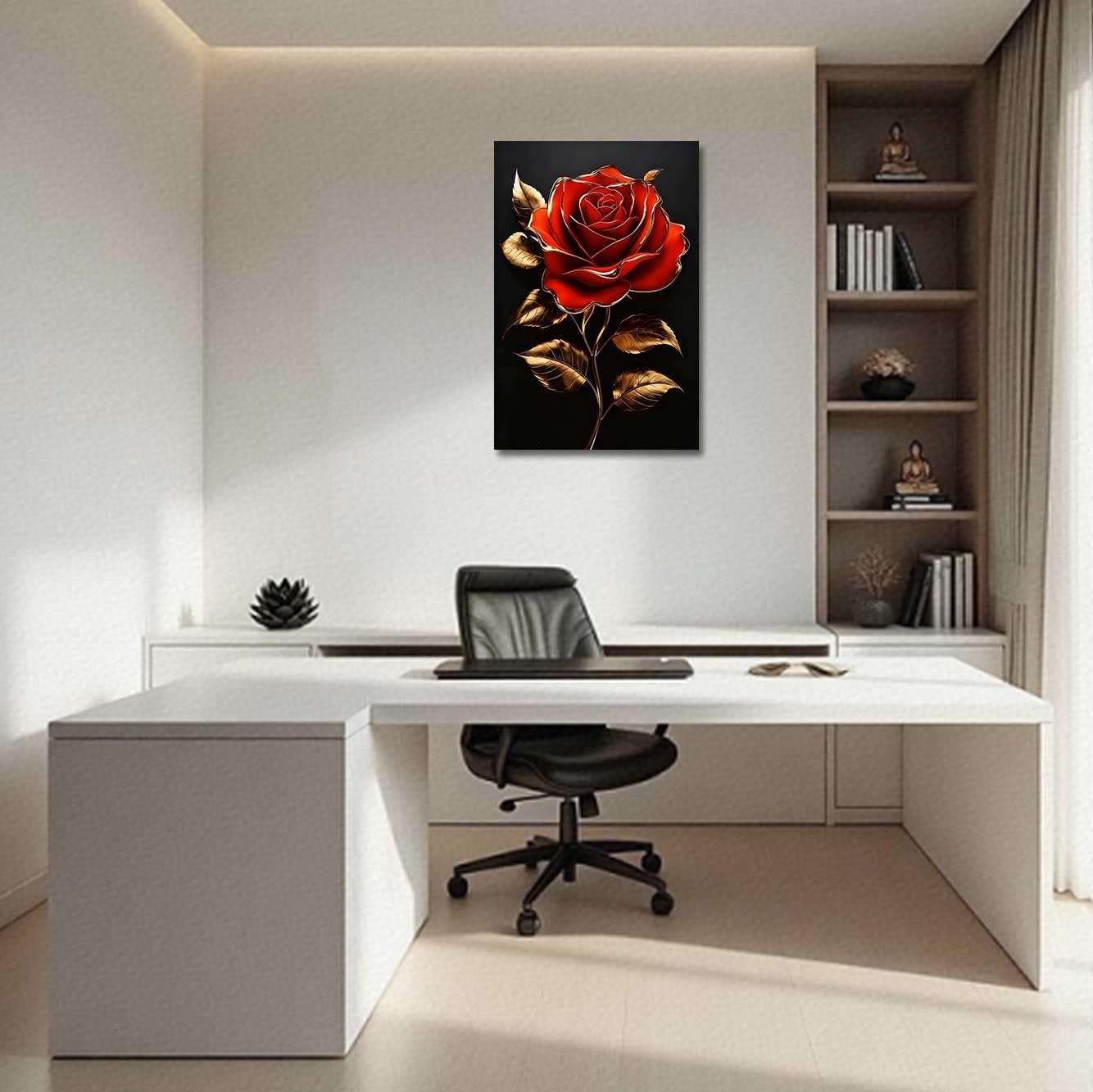 LZIMU Rose Canvas Wall Art Black and Gold Floral Picture Rose Flower Golden Leaf Painting Abstract Poster Print Elegant Modern Artwork Bathroom Bedroom Office Decor (Red, (42L x 28W))