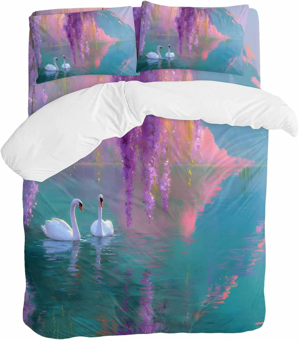 Swan Duvet Cover Set Queen Size 4 Pieces Oil Painting Spring Wisteria Gradient Pink Green Lake Bedding Set with Zipper Closure, 1 Comforter Cover 90x92 Inches 1 Flat Sheet & 2 Pillow Cases