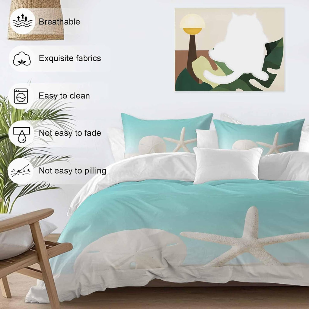 Beach Starfish Sand Dollar Duvet Cover Set Queen Size 4 Pieces Modern Nautical Ocean Marine Life Teal Bedding Set with Zipper Closure, 1 Comforter Cover 92x106 Inches 1 Flat Sheet & 2 Pillow Cases