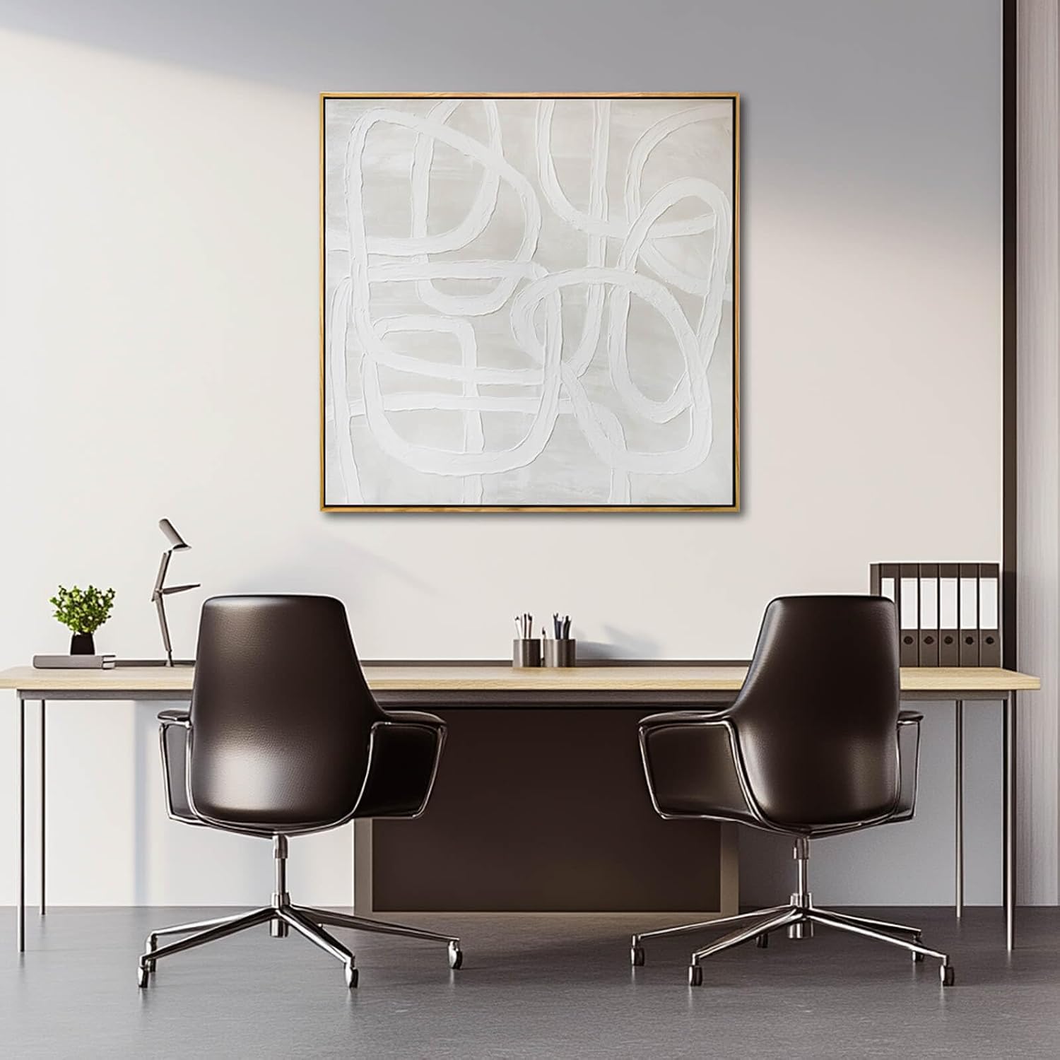Neutral Abstract Line Wall Art, Framed Canvas Print, Beige Minimalist Modern Decor for Living Room Bedroom Office, Ready to Hang, 40x40 Inch
