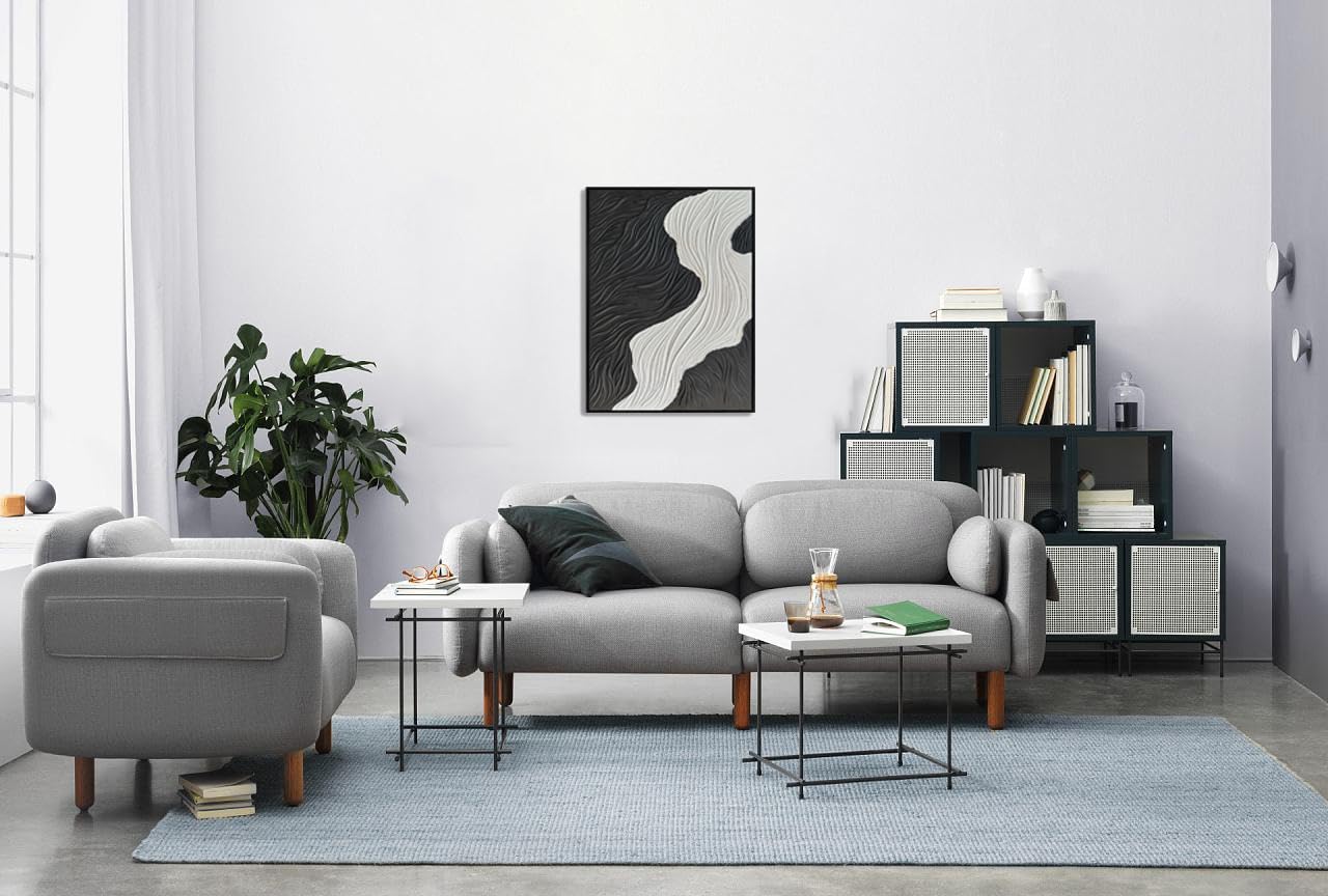 Boiee Art,24x36Inch Handmade Abstract Ocean Wave Art on Canvas Minimalist Black White Oil Painting Vertical Modern Black Framed Artwork