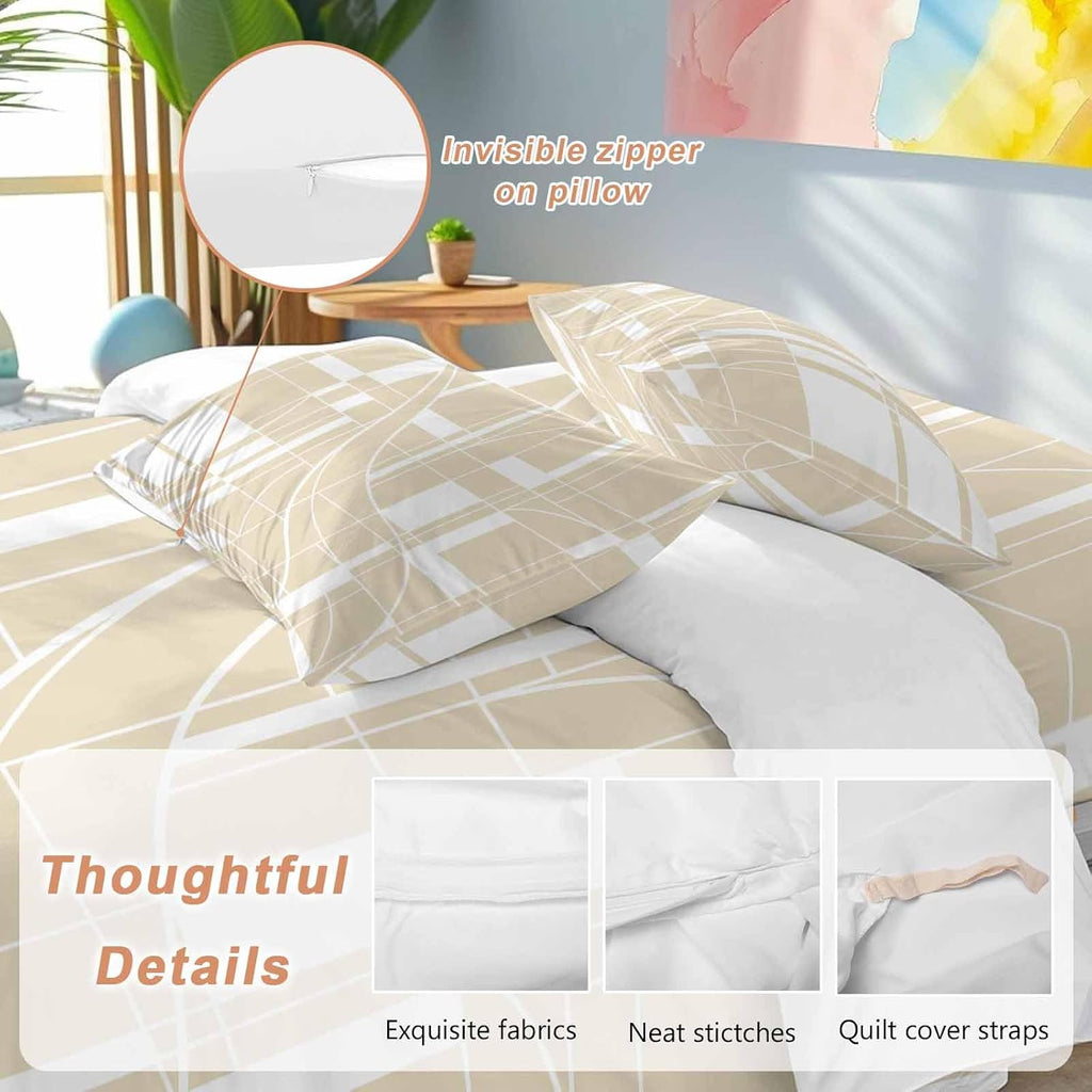 Prime Leader Lines Duvet Cover Set Queen Size 4 Pieces Abstarct Geometric White Lines Plaid Light Brown Bedding Set with Zipper Closure, 1 Comforter Cover 90x92 Inches 1 Flat Sheet & 2 Pillow Cases
