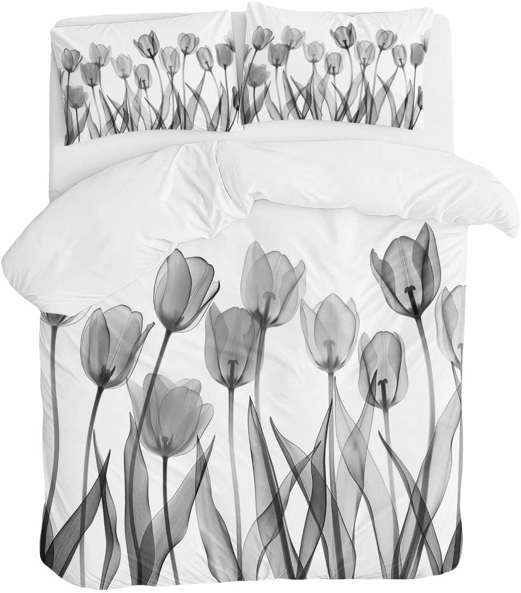 Prime Leader Spring Floral Duvet Cover Set Queen Size 4 Pieces Watercolor Black Tulip Flowers Pattern Bedding Set with Zipper Closure, 1 Comforter Cover 92x106 Inches 1 Flat Sheet & 2 Pillow Cases