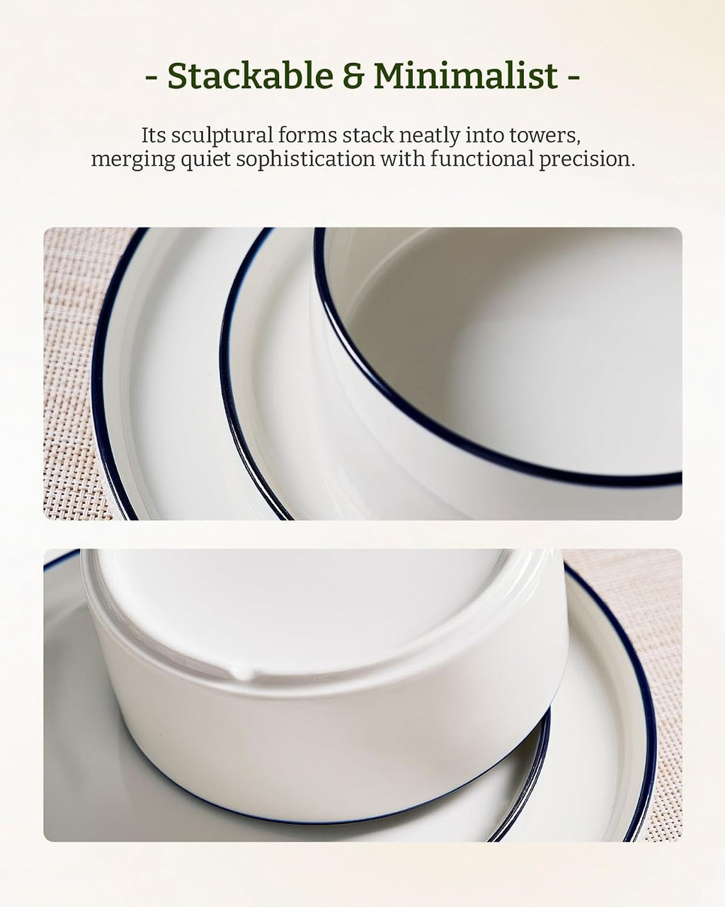 Famiware Porcelain Dinnerware Set, 24-Piece Modern Plate and Bowl Set, dish set for 8, Microwave and Dishwasher Safe Tableware, White with Blue Trim
