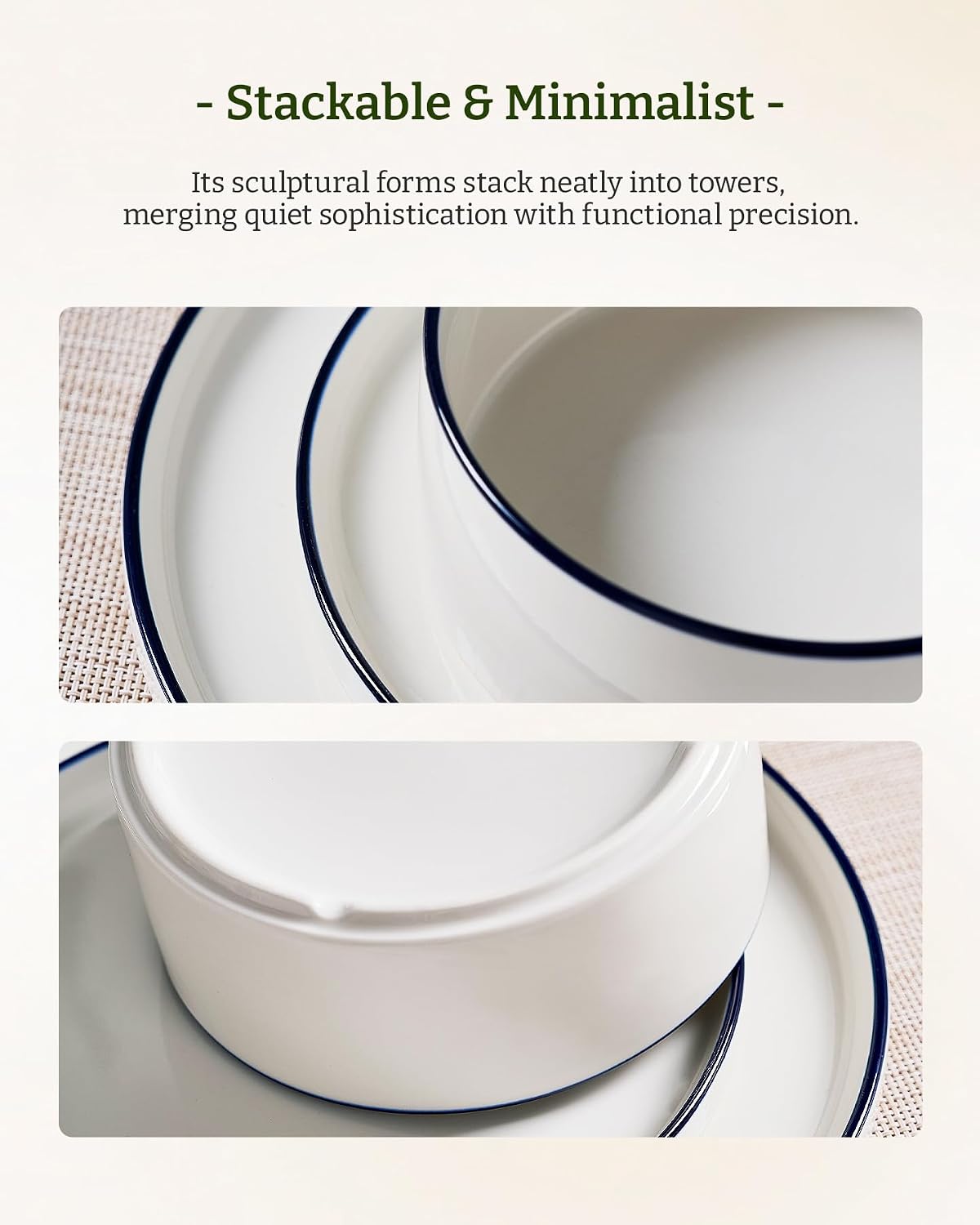 Famiware Porcelain Dinnerware Set, 24-Piece Modern Plate and Bowl Set, dish set for 8, Microwave and Dishwasher Safe Tableware, White with Blue Trim