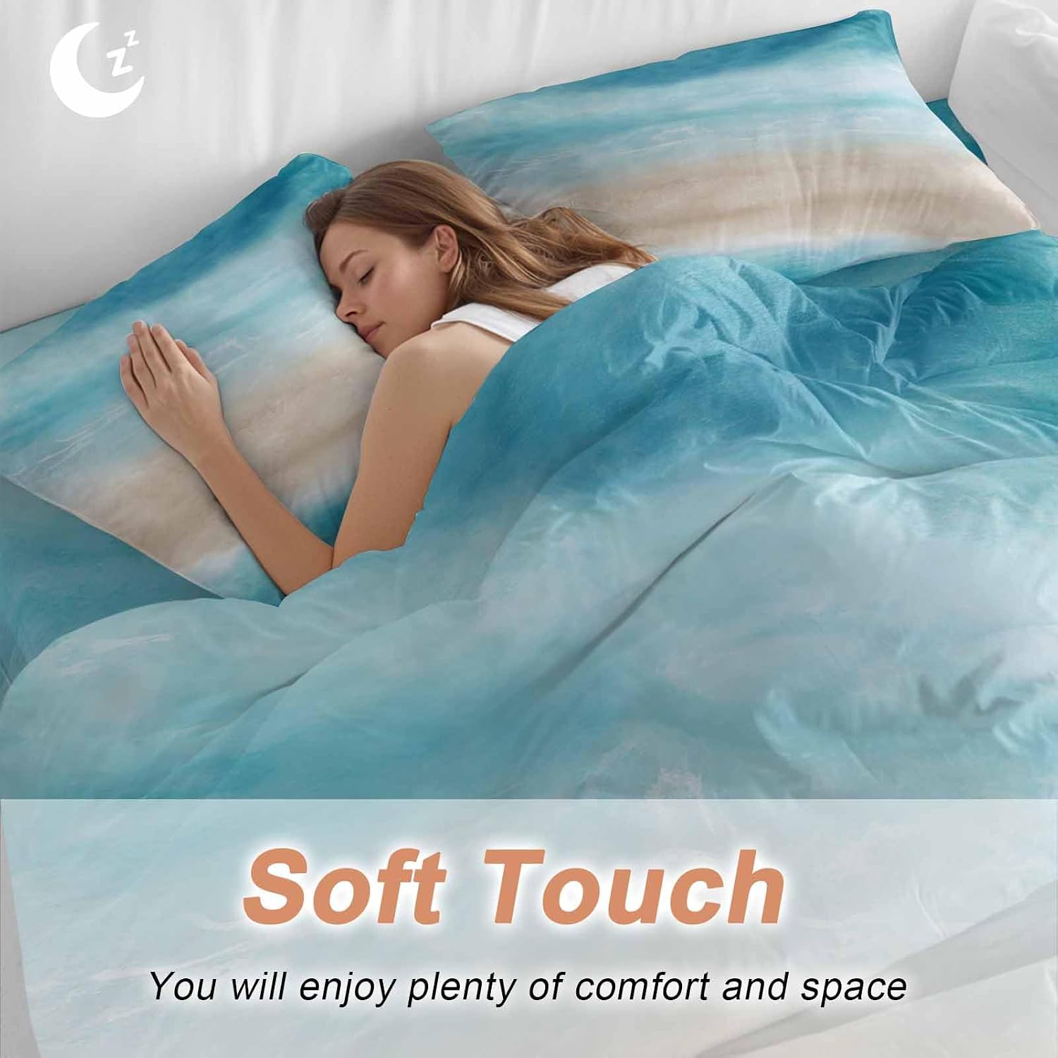 Summer Beach Duvet Cover Set Queen Size 4 Pieces Blue Gradient Ocean Wave Beige Sand Abstract Bedding Set with Zipper Closure, 1 Comforter Cover 90x92 Inches 1 Flat Sheet & 2 Pillow Cases
