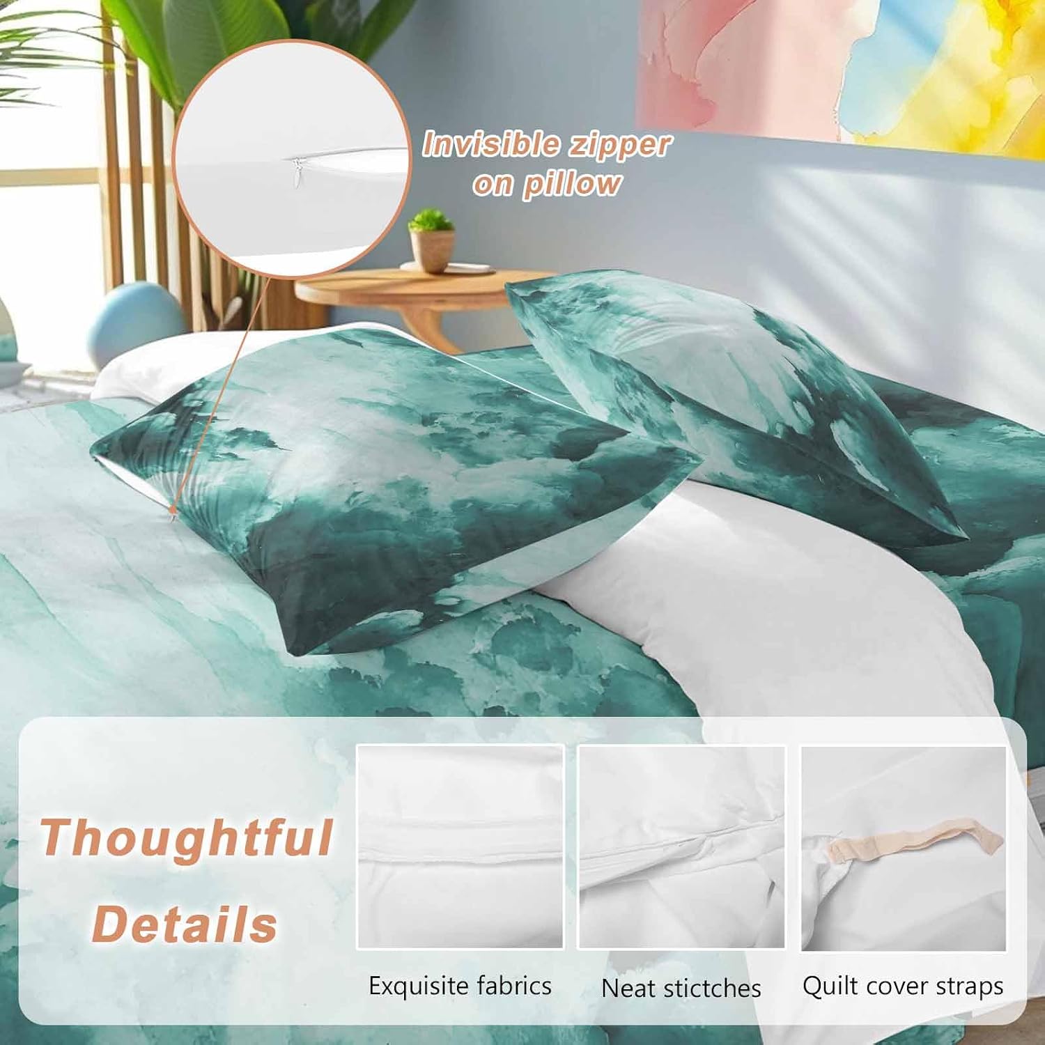 Prime Leader Clouds Duvet Cover Set Queen Size 4 Pieces Abstract Gradient Green Clouds Sky Bedding Set with Zipper Closure, 1 Comforter Cover 86x86 Inches 1 Flat Sheet & 2 Pillow Cases