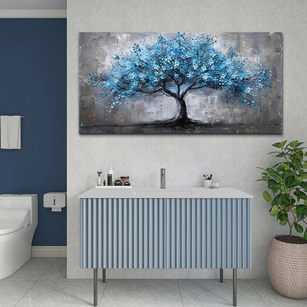 FUHAIHUA Canvas Wall Art For Living Room Large Wall Decor For Office Bedroom Decortions Black And White Pictures Blue Trees Wall Paintings Framed Mural Aesthetic Home Decor Posters Artwork 30x60 In