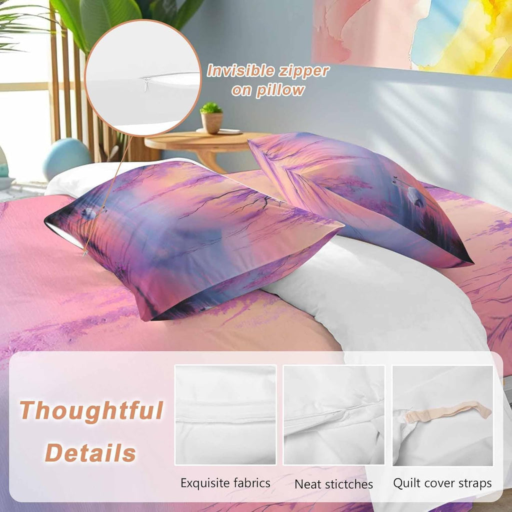 Swan Duvet Cover Set Queen Size 4 Pieces Oil Painting Spring Wisteria Gradient Pink Blue Lake Bedding Set with Zipper Closure, 1 Comforter Cover 86x86 Inches 1 Flat Sheet & 2 Pillow Cases