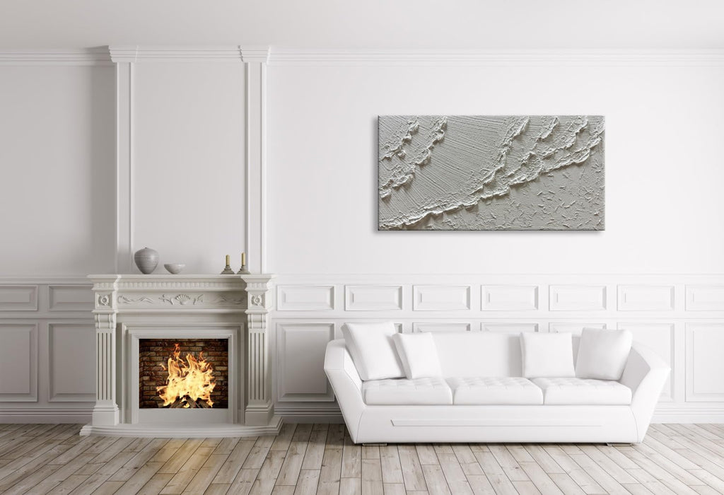 zoinart Hand Painted White Ocean Wave Wall Art 48x24 Inches Large Abstract Beach Textured Art 3D Modern Oil Paintings for Living Room Bedroom Wall Decor
