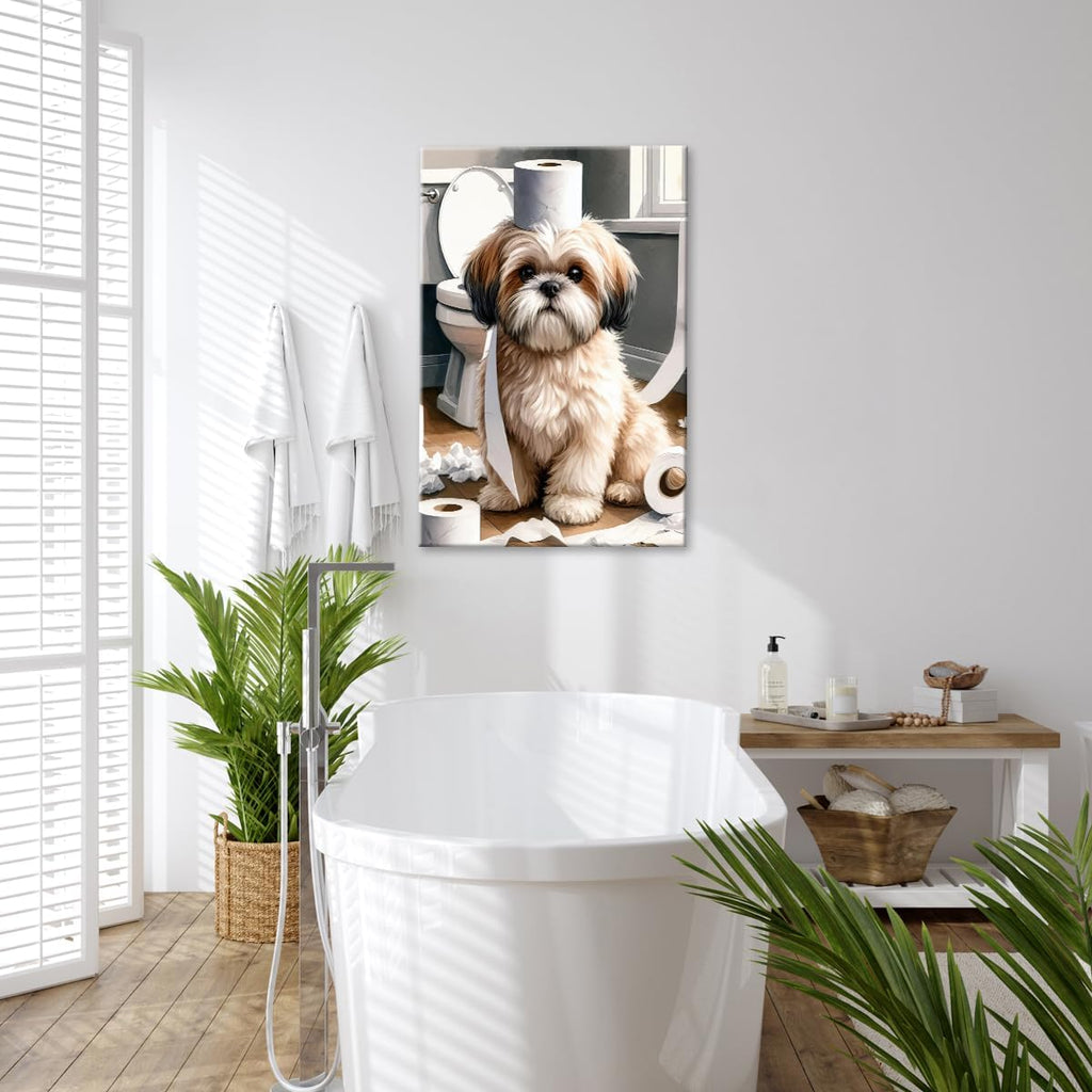 Funny Shih Tzu Toilet Paper Whimsy Cute Animal Bathroom Canvas Wall Art Humor Dog Print Painting for Modern Home Decor Kid Bathrooms Toilet Decoration 20x30in Framed